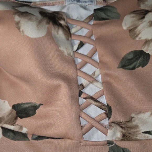 Charlotte Russe Tan Floral Off-Shoulder Lace-Up Skater Dress - Picture 5 of 5